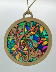 5 inch Treble Clef & Floral Inlay Stained Glass Style Suncatcher – Musical Window Hanging Ornament