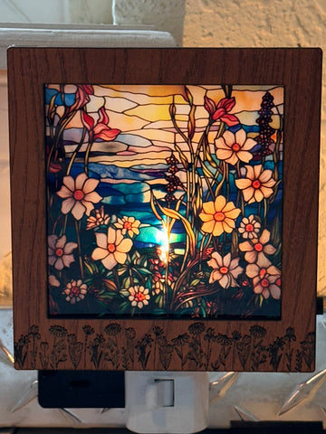 Wildflower Engraved Interchangeable LED Night Light – Stained Glass Style Acrylic Insert | Mountain & Floral Designs | Handmade Wood Frame | Cozy Ambient Lighting