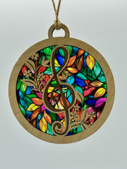 5 inch Treble Clef & Floral Inlay Stained Glass Style Suncatcher – Musical Window Hanging Ornament