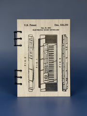 Electronic Music Keyboard Patent Journal – A5 Refillable Wood Notebook for Musicians | Vintage Patent Design Sketch | Handmade Artist Journal Gift