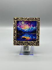 Damask Interchangeable LED Night Light – Stained Glass Style Acrylic Insert | Mountain & Floral Designs | Handmade Wood Frame | Cozy Ambient Lighting