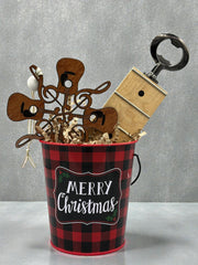 Guitarist Gift Set | Reclaimed Guitar Neck Bottle Opener + Ornament + Tag in Holiday Bucket