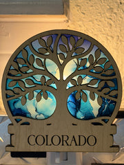 Colorado Tree of Life Night Light – Engraved Wood LED Night Light | Stained Glass Style Acrylic | Colorado Gift | Handmade Home Decor | 4"x4"