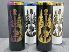 Guitar & Pine Tree Tumbler | 20 oz Insulated Music Lover Cup | Handmade Laser Engraved Guitar Travel Mug | Musician Gift