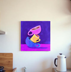 Tipsy Cups–Original Acrylic Painting on Wood by Kathy OConner | 6x6 Colorful Coffee Art