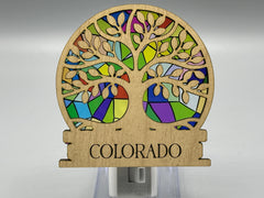Colorado Tree of Life Night Light – Engraved Wood LED Night Light | Stained Glass Style Acrylic | Colorado Gift | Handmade Home Decor | 4"x4"