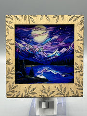 Leaf Engraved Interchangeable LED Night Light – Stained Glass Style Acrylic Insert | Mountain & Floral Designs | Handmade Wood Frame | Cozy Ambient Lighting