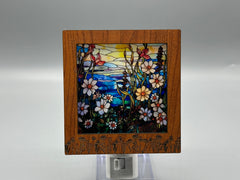 Wildflower Engraved Interchangeable LED Night Light – Stained Glass Style Acrylic Insert | Mountain & Floral Designs | Handmade Wood Frame | Cozy Ambient Lighting