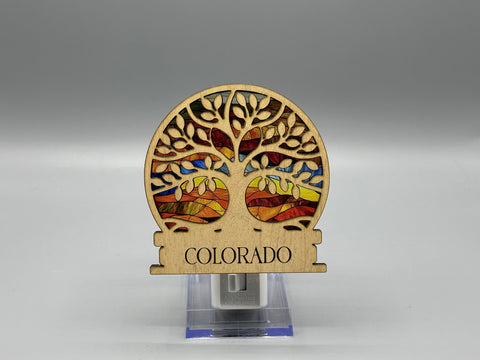 Colorado Tree of Life Night Light – Engraved Wood LED Night Light | Stained Glass Style Acrylic | Colorado Gift | Handmade Home Decor | 4"x4"