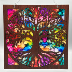 Tree of Life Suncatcher – 9" Handmade Wood & Colorful Acrylic Window Hanging | Stained Glass Style Nature Decor