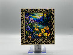 Damask Interchangeable LED Night Light – Stained Glass Style Acrylic Insert | Mountain & Floral Designs | Handmade Wood Frame | Cozy Ambient Lighting
