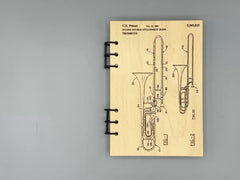 Trombone Patent Journal – A5 Musician Notebook, Vintage Trombone Blueprint Design