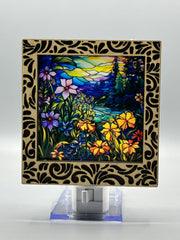 Damask Interchangeable LED Night Light – Stained Glass Style Acrylic Insert | Mountain & Floral Designs | Handmade Wood Frame | Cozy Ambient Lighting
