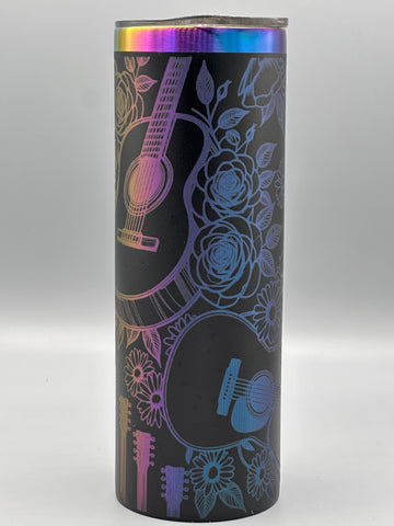 Laser Engraved Guitar & Floral Tumbler | 20oz Stainless Steel Music Lover Gift | Insulated Travel Cup with Straw