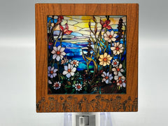 Wildflower Engraved Interchangeable LED Night Light – Stained Glass Style Acrylic Insert | Mountain & Floral Designs | Handmade Wood Frame | Cozy Ambient Lighting