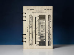 Electronic Music Keyboard Patent Journal – A5 Refillable Wood Notebook for Musicians | Vintage Patent Design Sketch | Handmade Artist Journal Gift