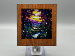 Leaf Engraved Interchangeable LED Night Light – Stained Glass Style Acrylic Insert | Mountain & Floral Designs | Handmade Wood Frame | Cozy Ambient Lighting