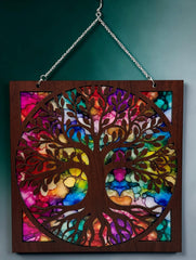 Tree of Life Suncatcher – 9" Handmade Wood & Colorful Acrylic Window Hanging | Stained Glass Style Nature Decor