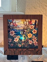 Wildflower Engraved Interchangeable LED Night Light – Stained Glass Style Acrylic Insert | Mountain & Floral Designs | Handmade Wood Frame | Cozy Ambient Lighting
