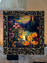 Damask Interchangeable LED Night Light – Stained Glass Style Acrylic Insert | Mountain & Floral Designs | Handmade Wood Frame | Cozy Ambient Lighting
