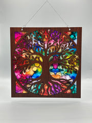 Tree of Life Suncatcher – 9" Handmade Wood & Colorful Acrylic Window Hanging | Stained Glass Style Nature Decor