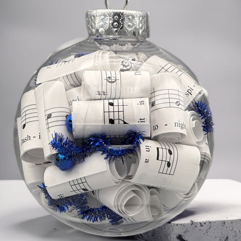 3" Handmade Sheet Music Ornament with Blue Accents