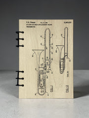 Trombone Patent Journal – A5 Musician Notebook, Vintage Trombone Blueprint Design