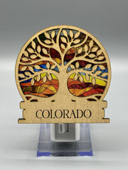 Colorado Tree of Life Night Light – Engraved Wood LED Night Light | Stained Glass Style Acrylic | Colorado Gift | Handmade Home Decor | 4"x4"