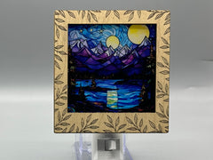 Leaf Engraved Interchangeable LED Night Light – Stained Glass Style Acrylic Insert | Mountain & Floral Designs | Handmade Wood Frame | Cozy Ambient Lighting