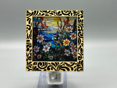 Damask Interchangeable LED Night Light – Stained Glass Style Acrylic Insert | Mountain & Floral Designs | Handmade Wood Frame | Cozy Ambient Lighting