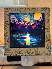 Leaf Engraved Interchangeable LED Night Light – Stained Glass Style Acrylic Insert | Mountain & Floral Designs | Handmade Wood Frame | Cozy Ambient Lighting