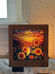 Wildflower Engraved Interchangeable LED Night Light – Stained Glass Style Acrylic Insert | Mountain & Floral Designs | Handmade Wood Frame | Cozy Ambient Lighting