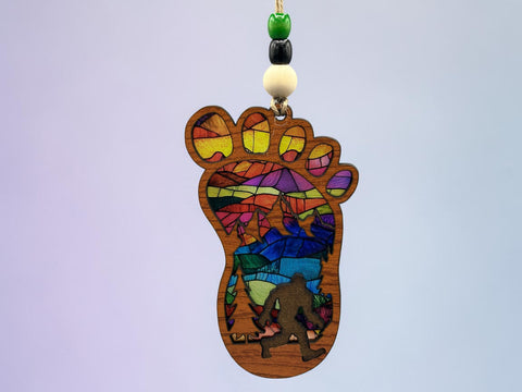 Yeti Suncatcher Ornament – Bigfoot Mountain Scene Hanging Decor – Colorful Wood & Acrylic Window Art – Handmade Nature Gift 5x3