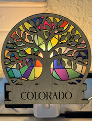 Colorado Tree of Life Night Light – Engraved Wood LED Night Light | Stained Glass Style Acrylic | Colorado Gift | Handmade Home Decor | 4"x4"