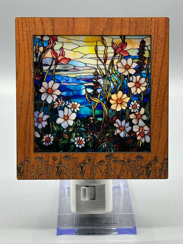 Wildflower Engraved Interchangeable LED Night Light – Stained Glass Style Acrylic Insert | Mountain & Floral Designs | Handmade Wood Frame | Cozy Ambient Lighting