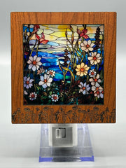 Wildflower Engraved Interchangeable LED Night Light – Stained Glass Style Acrylic Insert | Mountain & Floral Designs | Handmade Wood Frame | Cozy Ambient Lighting