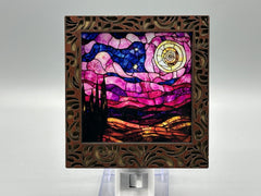 Damask Interchangeable LED Night Light – Stained Glass Style Acrylic Insert | Mountain & Floral Designs | Handmade Wood Frame | Cozy Ambient Lighting