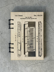 Electronic Music Keyboard Patent Journal – A5 Refillable Wood Notebook for Musicians | Vintage Patent Design Sketch | Handmade Artist Journal Gift