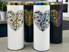 Treble Clef Music Note Heart Engraved Tumbler 20oz | Musical Gift for Musicians | Keeps Drinks Hot & Cold