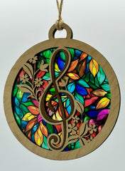 5 inch Treble Clef & Floral Inlay Stained Glass Style Suncatcher – Musical Window Hanging Ornament