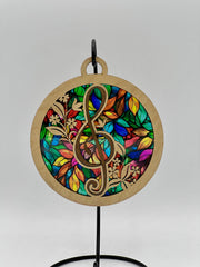 5 inch Treble Clef & Floral Inlay Stained Glass Style Suncatcher – Musical Window Hanging Ornament