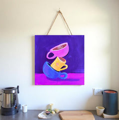 Tipsy Cups–Original Acrylic Painting on Wood by Kathy OConner | 6x6 Colorful Coffee Art