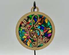 5 inch Treble Clef & Floral Inlay Stained Glass Style Suncatcher – Musical Window Hanging Ornament