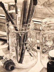 Sepia Artist Tools Art Print | Realistic Mason Jar Drawing (11x14 matted to 16x20 Unframed)